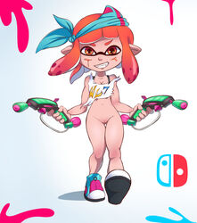 artist_name bare_arms bare_shoulders bottomless bra_strap breasts collarbone domino_mask female full_body gluteal_fold gradient gradient_background grin holding holding_weapon ink inkling logo looking_at_viewer mask navel nintendo nolegal orange_hair pussy sharp_teeth shirt shoe_soles shoes small_breasts smile solo splatoon teeth tentacle_hair torn_clothes walking weapon white_shirt