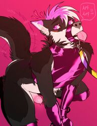 0ct0m0n0 absurd_res anthro armwear artist_name black_body black_fur canid canine clothing ear_piercing ear_ring erection eyebrow_piercing facial_piercing fur genitals grey_body grey_fur hair hi_res humanoid_genitalia humanoid_penis latex latex_armwear latex_clothing latex_legwear latex_topwear leash legwear male male_anthro mammal muzzle_(object) muzzled penis piercing pink_eyes pink_hair pink_penis pink_tongue purple_armwear purple_clothing purple_legwear purple_topwear ring_piercing short_hair solo text tongue tongue_out topwear white_body white_fur white_hair