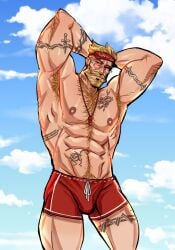 1boy 2025 abs armpit_hair blonde_hair body_hair clouds fit_male glasses hands_behind_head happy_trail human identity_v male outside percy_(identity_v) posing posing_for_the_viewer revealyoursins solo_male tattoos thighs whistle whistle_(object) whistle_around_neck