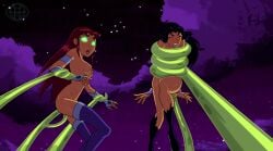 2girls ambiguous_penetration anal anal_insertion anal_sex armband arms_behind_back arms_tied black_hair blackfire blush boots breasts closed_eyes dc dc_comics double_penetration edit eye_of_the_beholder female female_only floating flying glowing_eyes legs_together long_hair looking_pleasured messy_hair night night_sky open_mouth partially_clothed red_hair restrained restrained_arms restrained_by_tentacles screenshot_edit sisters sky slim_waist starfire struggling teen_titans tentacle tentacle tentacle_penetration tentacle_rape tentacle_sex thighhighs thighs tongue tongue_out torn_clothes vaginal_insertion vaginal_penetration vaginal_penetration wristband