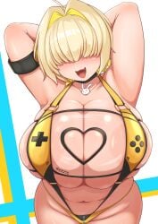 1girls absurd_res ahoge alternate_version_available armpits arms_behind_head big_breasts blonde_hair blush breasts breasts_bigger_than_head busty choker chubby chubby_female cleavage clothed clothing clothing_cutout digital_media_(artwork) elegg_(boom_and_shock)_(nikke) elegg_(nikke) fangs female female_focus female_only glistening glistening_body goddess_of_victory:_nikke hair_intakes hair_over_eyes heart_cutout hi_res huge_breasts light-skinned_female light_skin long_bangs motion_lines open_mouth plump rabbit_ornament see-through see-through_slingshot_swimsuit see-through_swimsuit short_hair sinape_(penasi_1) slightly_chubby slingshot_swimsuit solo thick_thighs underboob voluptuous voluptuous_female wide_hips