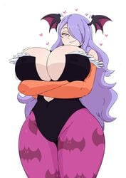 breasts camilla_(fire_emblem) capcom cleavage clothing cosplay darkstalkers erect_nipples erect_nipples_under_clothes female female_only fire_emblem fire_emblem_fates grin hair_over_one_eye heart huge_breasts jinu large_breasts long_hair morrigan_aensland morrigan_aensland_(cosplay) naughty_face nintendo pantyhose purple_hair seductive seductive_smile simple_background smile solo thick_thighs white_background