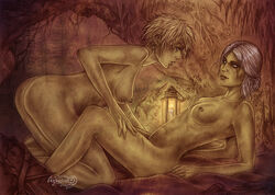 2girls agregor areolae artist_name ass blonde_hair breasts candle canon_couple cd_projekt_red ciri earrings female female_only looking_at_partner mistle_(the_witcher) multiple_girls nature_background nipples nude nude_female scar the_witcher_(series) the_witcher_3:_wild_hunt white_hair yuri