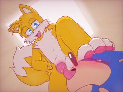 2boys anthro balls blue_body blue_eyes blue_fur blush blushing canine canine_genitalia canine_penis ceiling_light cheek_tuft chionki circumcised dominant dominant_male eyes_closed fangs foot_fetish foot_on_face foot_on_head fox furry hedgehog lamp licking licking_penis male male/male male_only nude nude_male paw_fetish paw_on_face paw_on_head paws penis pink_pawpads precum sonic_(series) sonic_the_hedgehog sonic_the_hedgehog_(series) tails tails_the_fox tongue tongue_out white_fur yellow_body yellow_fur