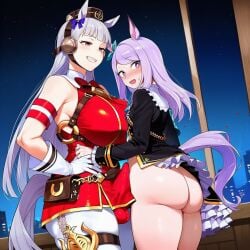1girls 2girls ai_generated animal_ears armband ass bangs bare_shoulders blush breasts erection_under_clothes futa_on_female futa_with_female gloves gold_ship_(umamusume) grin hat horse_ears horse_girl horse_tail large_breasts long_hair looking_at_viewer mejiro_mcqueen_(umamusume) multiple_girls night night_sky purple_eyes purple_hair racerai sideboob skirt sky smile star_(sky) starry_sky tail umamusume umamusume_pretty_derby very_long_hair white_gloves white_legwear yuri
