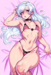 ai_generated blue_eyes breasts curvy curvy_female curvy_figure female gravure_soraka lace_bra lace_lingerie lace_panties lingerie looking_at_viewer loose_hair lying on_bed pink_lingerie rwby small_breasts weiss_schnee white_hair