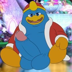 1:1 anthro avian balls big_balls big_penis bird blue_body bodily_fluids camp14 clothed clothing erection fountain_of_dreams genital_fluids genitals glans half-closed_eyes hi_res king_dedede kirby_(series) looking_at_viewer male narrowed_eyes nintendo overweight overweight_male partially_clothed penguin penis pink_glans precum robe sitting smile solo spread_legs spreading