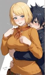 ai_generated ashley_graham beautiful_girl blonde_female clothed couple couple_(romantic) crossover cute fairy_tail female from_behind gray_fullbuster hug no_sex resident_evil simple_background