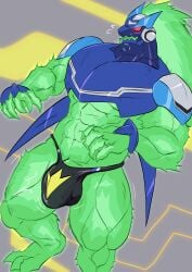 abs absurd_res alien anthro armor big_muscles bulge capcom clothing cybernetics cyborg detailed_bulge electronics em_being genitals geryorias glowing glowing_body glowing_eyes glowing_genitalia green_body hi_res machine male mega_man_(series) mega_man_star_force muscular muscular_anthro muscular_male omega-xis penis penis_base red_eyes solo tongue underwear