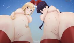 2girls black_eyes black_hair blonde_hair dyed_hair kitagawa_marin komi-san_wa_komyushou_desu komi_can't_communicate komi_shouko long_hair looking_at_viewer looking_down marin_kitagawa my_dress_up_darling partially_clothed red_eyes santa_costume santa_hat shaved_crotch shaved_pussy smiling smiling_at_viewer sono_bisque_doll_wa_koi_wo_suru teen teen_girl teenage_girl teenager