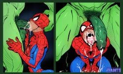 ass big_ass big_ass_(male) big_butt big_butt_(male) blowjob cum cum_in_mouth gay hulk male male/male male_focus male_only marvel muscular_male oral oral_sex peter_parker phausto size_difference spider-man submissive submissive_male tongue tongue_out yaoi