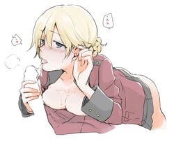 1boy blonde_hair blue_eyes blush breasts breath cleavage collarbone darjeeling eyebrows eyebrows_visible_through_hair fellatio female girls_und_panzer large_breasts looking_at_penis military military_uniform oral saliva saliva_trail st._gloriana's_military_uniform straight tongue tongue_out translation_request uniform yuuhi_(arcadia)