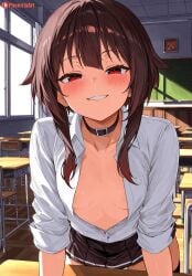 ai_generated breasts brown_hair choker classroom desk female female_only huge_ass huge_thighs kono_subarashii_sekai_ni_shukufuku_wo! looking_at_viewer megumin open_clothes open_shirt patreon red_eyes school_uniform schoolgirl short_hair small_breasts smaller_female solo solo_female solo_focus stockings