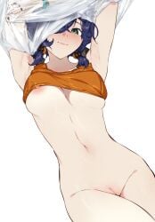1girls areolae armpits belle_(summer_skies)_(zenless_zone_zero) belle_(zenless_zone_zero) belly big_breasts black_nails blue_hair bra bra_lift bracelet breasts censored dutch_angle exposed_armpits female female_only hair_over_one_eye hairless_pussy hands_up hips light-skinned_female light_skin looking_at_viewer mosaic_censoring nail_polish nashidrop navel nipple_slip nipples no_panties official_alternate_costume pointless_censoring pussy removing_clothing removing_shirt san_p.dro shaved_pussy shirt_up short_hair short_twintails smile solo stomach topwear topwear_lift turquoise_eyes vagina waist white_background zenless_zone_zero