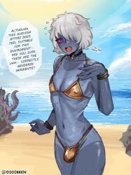 beach bikini crossdressing femboy male odd_onion propaganda swimsuit tau warhammer_(franchise) warhammer_40k white_hair