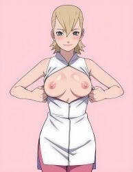 ai_generated ass big_ass big_breasts blonde_hair breasts breasts_out busty curvy curvy_body curvy_figure female flashing flashing_breasts front_view green_eyes hair_between_eyes haruno_mebuki light-skinned_female light_skin lipstick looking_at_viewer makeup mature mature_female narugirlshot naruto naruto_(series) naruto_shippuden no_bra open_clothes presenting presenting_breasts pulled_by_self shoulder_length_hair sleeveless smile solo uncensored undressing upper_body