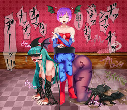 2girls all_fours arcade_stick ass ball_gag bangs blindfold blush bondage boots bound breasts checkered_floor closed_eyes clothing crying darkstalkers dildo dildo_in_ass duo duo_female duo_focus femdom flat_chest gag gagged green_hair head_wings high_heel_boots high_heels human_chair incest indoors japanese_text large_breasts legs_crossed leotard lilith_aensland masochist medium_breasts morrigan_aensland multiple_girls on_all_fours open_mouth pantyhose peeing peeing_on_floor peeing_self peeing_through_clothing pigtail pink_hair red_eyes saliva sisters sitting sitting_on_person small_breasts soramin_(artist) spiked_dildo submissive_female succubus sweat talking talking_to_another tears text text_bubble tile_floor translation_request urinating urination urine urine_on_floor urine_pool urine_splatter urine_stream wet yuri