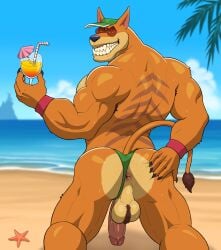 2025 absurd_res activision anthro anus armpit_hair ass back_muscles backsack ball_tuft balls barazoku beach beachwear beard beverage biceps big_balls big_butt big_penis bodily_fluids body_hair brown_body brown_fur brown_hair brown_stripes butt_hair claws clothing clothing_aside crash_(series) dasyuromorph deltoids evil_grin eyebrows eyewear facial_hair fangs fur genitals glans glistening glistening_body grin hair hairy_balls hat headgear headwear hi_res human humanoid_genitalia humanoid_penis inviting island kraidhiel looking_at_viewer looking_back male mammal manly marsupial mostly_nude muscular muscular_anthro muscular_arms muscular_male orange_body orange_eyes orange_eyewear orange_fur orange_sunglasses palm_tree penis perineum plant presenting presenting_anus presenting_hindquarters rear_view recently_extinct_species sea sharp_teeth smile solo spread_butt spreading standing stripes stubble sunglasses sweat tail tail_tuft tan_body tan_fur teeth thong thong_aside thylacine tiny_tiger tree triceps tropical tuft underwear underwear_aside vein veiny_penis water wristband