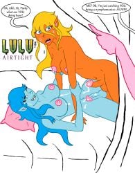 2futas 2girls artist_upload balls blonde_hair blue_body blue_hair blue_skin breasts caught caught_in_the_act caught_off_guard cum cum_drip cum_on_body cum_on_breasts cumshot dickgirl elf_ears english_text fangs frotting futa_on_futa futanari intersex offscreen_character orange_body orange_skin pink_body shocked speech_bubble supersexelf sweat sweatdrop text yuri