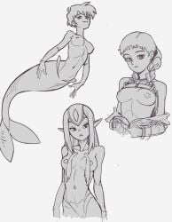 3girls blue_submarine_no._6 breasts exposed_breasts female fish_girl fish_humanoid forehead_mark human humanoid marine marine_humanoid mayumi_kino merfolk mermaid monster_girl mutio not_furry pointy_ears sketch suit suoiresnu