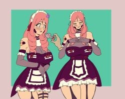 bewitching_thighs big_breasts black_lipstick buttplug dark_skin flat_colors freckles maid maid_dress maid_headdress maid_uniform mara_vespidae ndahbear red_hair sex_toy submissive_male tanned_skin vallure vallure_gen_2:forbidden vtuber vtuberfanart
