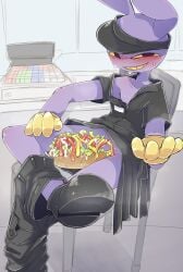 1boy blushing borushi bread cash_register chair fast_food_employee fast_food_uniform glitch_productions hotdog_bun jax_(tadc) jax_(the_amazing_digital_circus) ketchup looking_at_viewer male male_only mayonnaise purple_ears purple_skin sausage seductive shoes smile solo the_amazing_digital_circus undressing