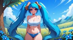 1girls 2025 ai_generated ass_visible_through_thighs big_breasts blue_eyes blue_hair blue_panties cleavage cloud collarbone cowboy_shot crop_top female flower hair_ornament highres human league_of_legends mountain navel outdoors panties sky smile solo sona_buvelle standing tree twintails very_long_hair