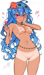 ahoge ass_visible_through_thighs bangs bao_(vtuber) blue_hair blush bracelet breasts cowboy_shot dark_skin eyebrows_visible_through_hair eyewear_on_head female flower food hair_between_eyes hair_flower hair_ornament heart heart-shaped_pupils jewelry long_hair looking_at_viewer navel nipples nude pussy red_eyes solo stomach striped sunglasses symbol-shaped_pupils tan tanline