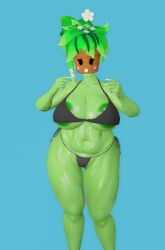 artist_request big_breasts bikini bikini_top blaster_master blaster_master_zero_2 breast_expansion huge_breasts kanna_(blaster_master) large_breasts massive_breasts plant plantigrade watering_can