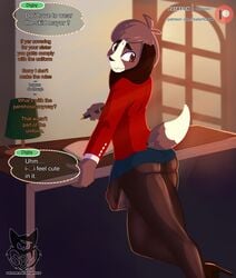 2019 animal_crossing anthro ass batartcave blush brown_fur bulge canid canine canis clothed clothing crossdressing dialogue digby_(animal_crossing) domestic_dog embarrassed english_text erection femboy footwear fur girly hi_res high_heels humanoid_penis legwear looking_back male male_only mammal nintendo pantyhose penis shoes skirt solo speech_bubble standing text url video_games