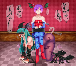 arcade_stick ass ball_gag blindfold blush bondage boots bound breasts checkered_floor clothing crying darkstalkers dildo dildo_in_ass flat_chest gag gagged green_hair head_wings high_heel_boots human_chair incest indoors japanese_text large_breasts legs_crossed leotard lilith_aensland masochist medium_breasts morrigan_aensland on_all_fours pantyhose pigtail pink_hair red_eyes saliva sisters sitting sitting_on_person small_breasts soramin_(artist) submissive_female succubus sweat tears translation_request wet yuri