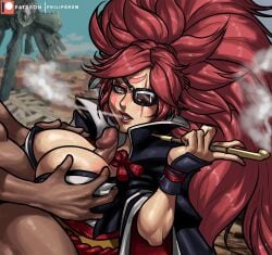 1boy 1girls 2d baiken breasts busty female female_focus guilty_gear hourglass_figure male paizuri penis philipgrom sex tagme