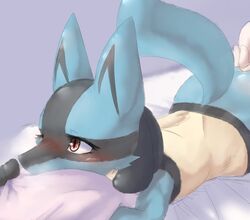 2018 ambiguous_gender anthro ass bed blue_fur blush canid canine duo edit fingering fur furry heavy_breathing human human_on_anthro interspecies kemosara lucario lying mammal nintendo nude on_bed on_front poképhilia pokemon pokemon_(species) pokemon_dppt raised_tail red_eyes sketch solo_focus video_games