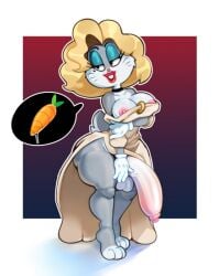 apple blonde_hair blue_eyes breasts eyeshadow female food fruit gloves large_breasts lips lipstick makeup nipples see-through solo