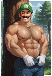 1boy abs ai_generated arm_hair bara biceps big_muscles blue_pants body_hair brown_hair chest_hair closed_eyes clothing daddy dilf facial_hair gloves grass green_hat hairy_male hands_on_pants happy hat javier874 large_muscles light-skinned_male light_skin luigi male male_nipples male_only mario_(series) mature mature_male moustache muscles muscular muscular_male nintendo nipples outdoors pants pecs smiling smiling_at_viewer solo solo_focus solo_male teeth trees white_gloves woods