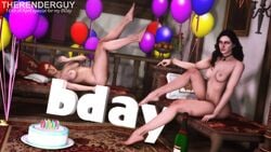 2girls 3d areolae barefoot birthday birthday_cake black_hair blue_eyes breasts cd_projekt_red feet_up female female_only laying_on_back looking_at_viewer nipples red_hair sitting the_witcher the_witcher_(series) the_witcher_2 the_witcher_3:_wild_hunt therenderguy triss_merigold yellow_eyes yennefer