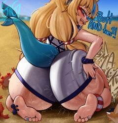 animal_ears beach blonde_hair blue_eyes blue_nail_polish brat bratty butt_jiggle crab dialogue fat_ass greatestgori indie_virtual_youtuber looking_back sameko_saba shortstack smacking_ass smacking_own_ass smug soles tagme tail thick_thighs virtual_youtuber vtuber
