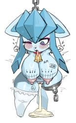 amputee anthro areola biped blue_eyes bodily_fluids bound breasts cowbell cum cum_in_vagina cum_inside disability eeveelution erect_nipples eyebrows female front_view generation_4_pokemon genital_fluids glaceon heart_symbol hi_res jingzhou14848 mostly_nude nintendo nipples one_eye_closed pokemon pokemon_(species) pussy simple_background solo tongue tongue_out white_background