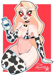 animal_print bell bikini blonde_hair blush_stickers bottle breasts charlie_morningstar charlie_morningstar_(hazbin_hotel) choker cleavage colored_sclera cow_print cow_print_bikini cowbell dio_morningstar elbow_gloves eyeshadow female gloves hazbin_hotel helluva_boss holding holding_bottle large_breasts long_hair looking_at_viewer makeup milk milk_bottle morningstar_(artist) navel neck_bell open_mouth print_bikini print_gloves print_thighhighs red_background red_eyes sitting smile solo swimsuit teeth thighhighs white_border yellow_sclera