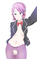 1girls 2d academic_skye belly belly_button breasts covered_breasts covered_nipples crotchless_pantyhose elf exposed_pussy eyebrows_visible_through_hair female female_only hairless_pussy headphones keihh large_breasts looking_at_viewer navel no_bra no_panties open_clothes open_clothing open_shirt paladins pink_hair purple_eyes purple_stockings pussy shaved_pussy short_hair sideboob simple_background skye_(paladins) smile solo standing uncensored vulva white_background white_skin