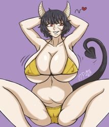 1girls big_breasts bikini bikini_bottom bikini_top black_hair cameltoe chubby curvy curvy_body curvy_figure demon demon_girl demon_horns demon_tail digital_media_(artwork) erect_nipples female female_only gold_bikini golden_bikini hi_res horn horns huge_breasts large_breasts light-skinned_female megumipan616 mpan616 nipple_bulge nipples_visible_through_clothing original original_character pose posing pussy red_eyes seductive short_hair smile solo spread_legs tail watermark wide_hips woman
