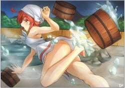 1girls absurd_res absurdres arms ass bare_arms bare_legs blush bucket deekei female female_only fire_emblem fire_emblem_fates fire_emblem_heroes highres hinoka_(fire_emblem) hinoka_(hot_springs)_(fire_emblem) hot_spring legs looking_back no_panties red_hair shiny_skin short_hair solo spill spilling sweatdrop thighs towel towel_on_head tripping upskirt water