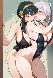 1futa 2girl ai_generated armpits big_breasts big_penis bikini black_hair breasts female fiona_frost futa_on_female futanari green_eyes green_hair intersex kissing_neck penis pussy red_eyes spy_x_family stable_diffusion standing swimsuit vaginal_penetration yor_briar yor_forger