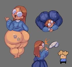 alternate_version_available behind_view big_ass big_penis blue_dress breasts brown_hair clothed dudeman80085 female floating_penis from_behind glasses grey_background huge_ass kindergarten_(game) kindergarten_3 light-skinned_female long_skirt ms._lovelett nugget_(kindergarten) orange_hair penis red_glasses skirt small_breasts stickers stickers_on_body wearing_glasses