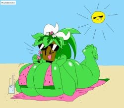 beach big_breasts bikini blaster_master blaster_master_zero_2 cylinderorchid huge_breasts kanna_(blaster_master) large_breasts massive_breasts plant plantigrade watermelon watermelon_bra