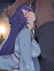 1boy 2025 acheron_(honkai:_star_rail) ai_assisted ai_generated anime anime_girl anime_style artist_name bangs blue_kimono blush breasts dark-skinned_male dark_skin deepthroat fellatio female from_side grabbing_another's_hair heart hi_res high_quality high_res high_resolution highres honkai:_star_rail honkai_(series) hoyoverse irrumatio japanese_clothes kimono lamp large_breasts long_hair male obi oral pants patreon patreon_username penis purple_eyes purple_hair rinkoai rolling_eyes saliva sash straight sweat uncensored watermark