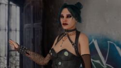 3d blender blue_hair choker clothing dbd dead_by_daylight hairbuns looking_away makeup nea_karlsson necklace posing top zuga69