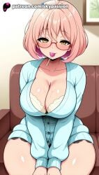 1girls 2025 ahoge ai_assisted ai_generated anime artist_name beyond_the_boundary big_breasts big_breasts big_breasts big_chest blush bra breast breasts breasts breasts bust busty chest cleavage collarbone couch eyebrows_visible_through_hair female glasses hi_res high_quality high_resolution highres kuriyama_mirai kyoukai_no_kanata large_breasts looking_at_viewer patreon patreon_username pink_hair short_hair sitting skypassion smile solo stable_diffusion underwear watermark yellow_eyes
