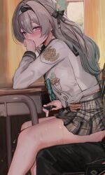 1boy absurdres black_hairband blush breasts butterfly_hair_ornament classroom commission condom condom_box covering_own_mouth curtains desk efuri_(riarea00) female firefly_(honkai:_star_rail) firefly_(spring_missive)_(honkai:_star_rail) from_side gradient_eyes gradient_hair grey_hair grey_sailor_collar grey_skirt hair_between_eyes hair_ornament hairband highres honkai:_star_rail honkai_(series) indoors jacket large_breasts long_hair long_sleeves looking_at_viewer male multicolored_eyes multicolored_hair plaid_clothes plaid_skirt public_indecency reverse_upright_straddle sailor_collar school_desk school_uniform serafuku sex sitting sitting_on_lap sitting_on_person skeb_commission skirt stealth_sex sweat two-tone_eyes used_condom white_jacket