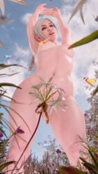 3d 3d_(artwork) athletic athletic_female baldur's_gate baldur's_gate_3 big_breasts big_thighs breasts elf_ears female field flower flowers green_eyes looking_at_viewer low-angle_view nude nude_female pinup pussy shadowheart shadowheart_(baldur's_gate) shulyque solo solo_female stretching wet_skin white_hair